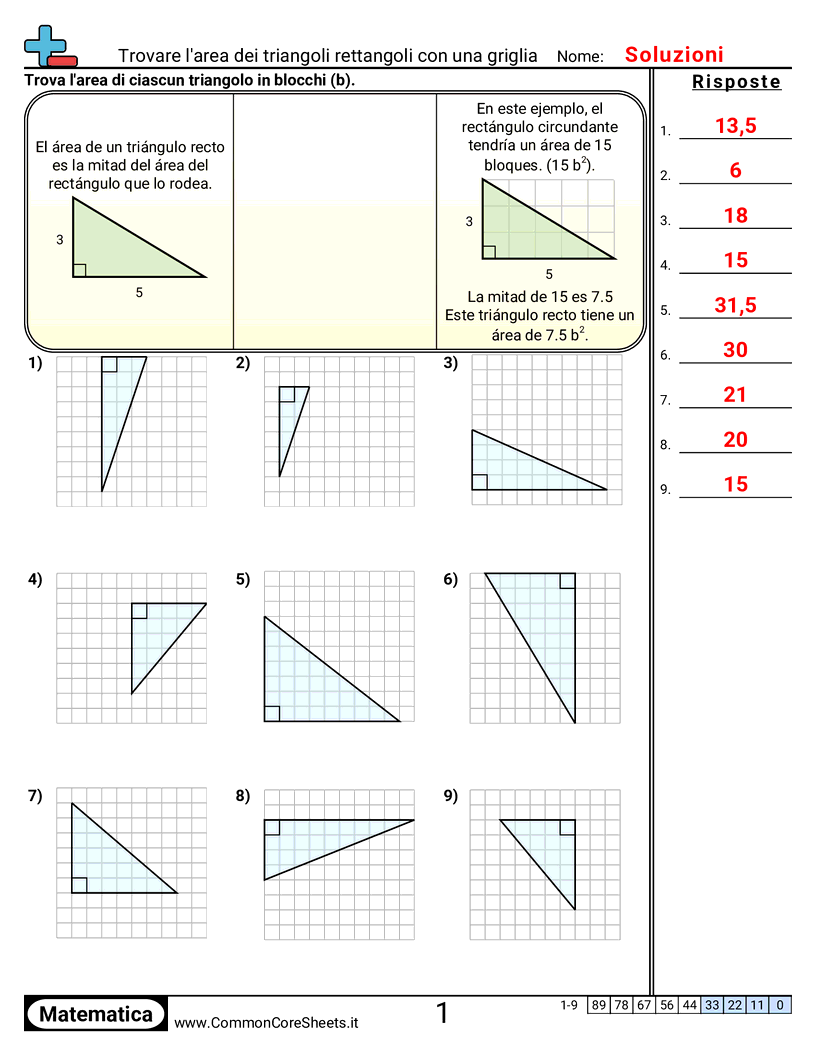 Esercizi su Area e Perimetro - trovare-larea-di-triangoli-rettangoli-con-una-griglia worksheet