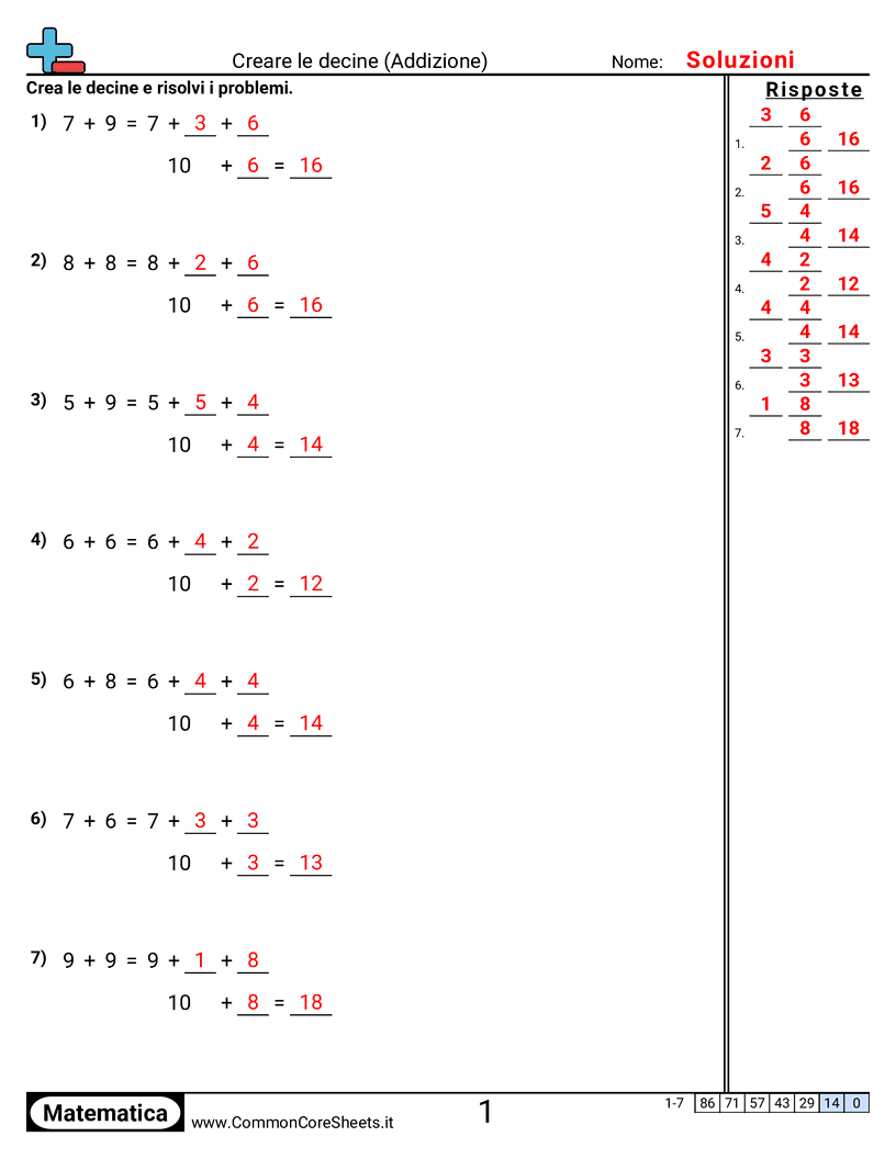 Esercizi sulle Addizioni - creare-decine worksheet