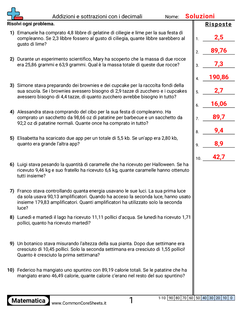 Esercizi sui Decimali - somma-e-sottrazione-fino-ai-centesimi-a-parole worksheet