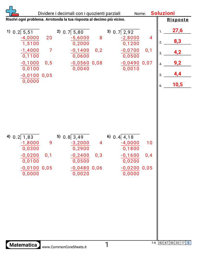 Esercizi sui Decimali - dividere-decimali-con-quozienti-parziali worksheet