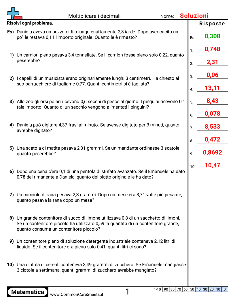 Esercizi sui Decimali - moltiplicare-decimali-a-parole worksheet