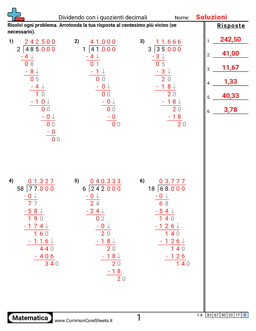 Esercizi sui Decimali - dividere-con-quozienti-decimali worksheet