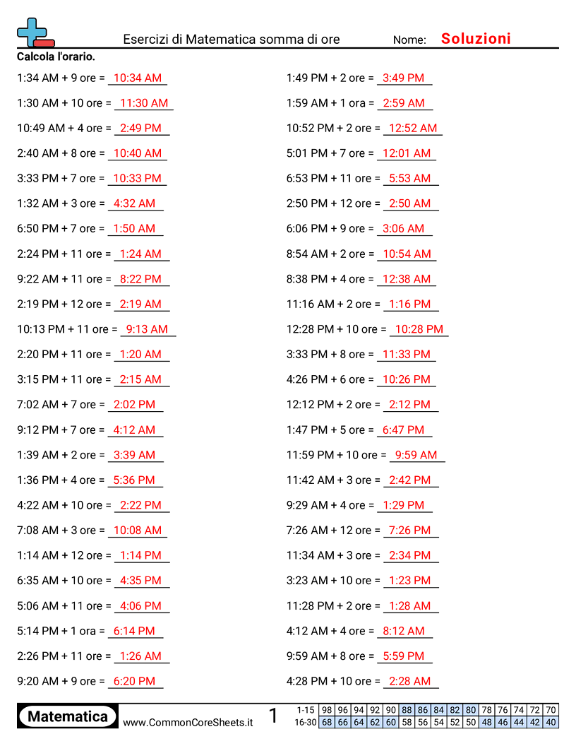 Esercizi Intensivi di Matematica - somma-di-ore worksheet