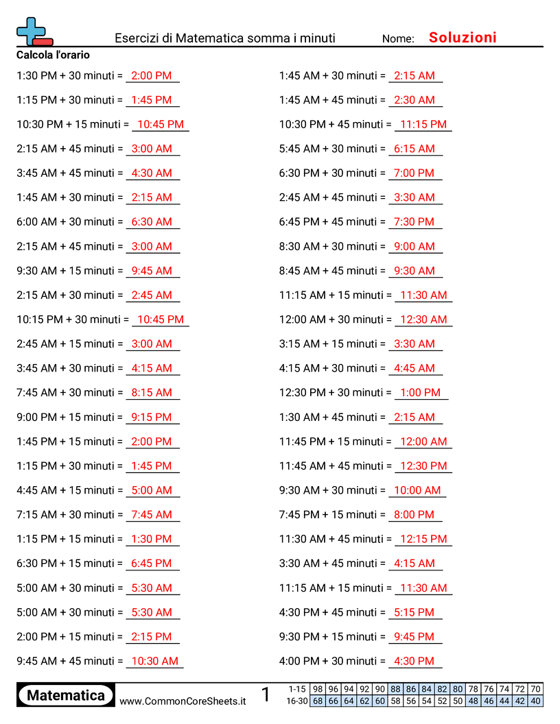 Esercizi Intensivi di Matematica - somma-di-minuti worksheet