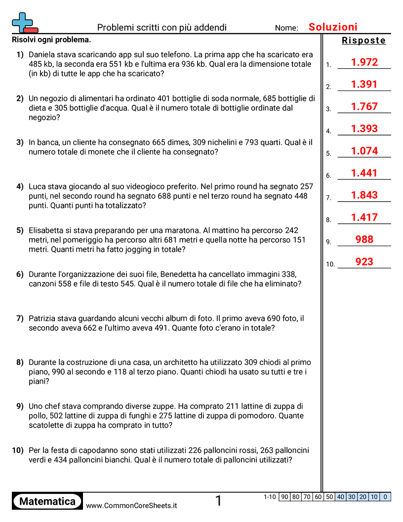 Esercizi sulle Addizioni - piu-addendi-3-cifre-problemi-a-parole worksheet