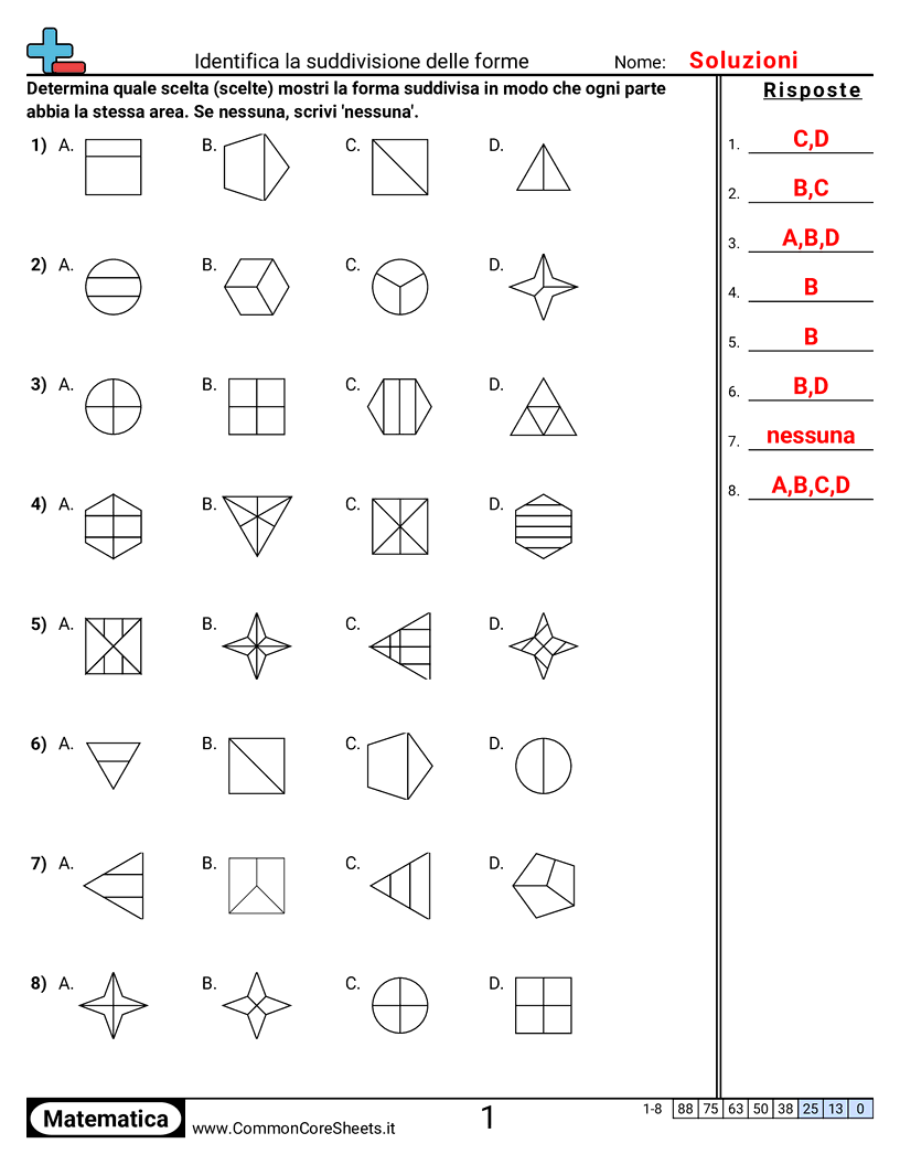 Esercizi sulle Frazioni - identificare-forme-suddivise worksheet