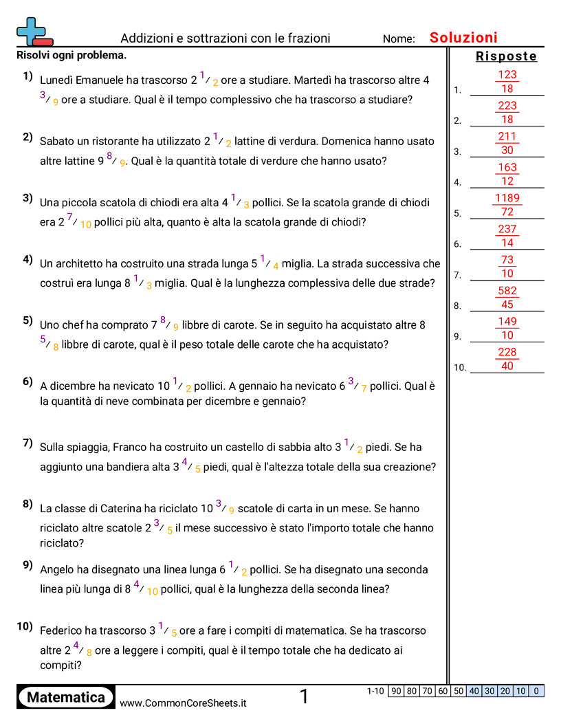Esercizi sulle Frazioni - problemi-a-parole-denominatori-diversi worksheet