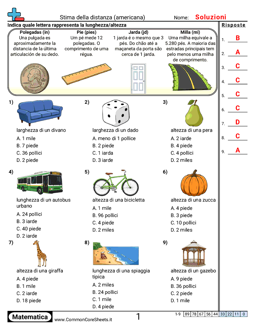 Esercizi sulle Misure - stimare-la-lunghezza-sistema-usa worksheet