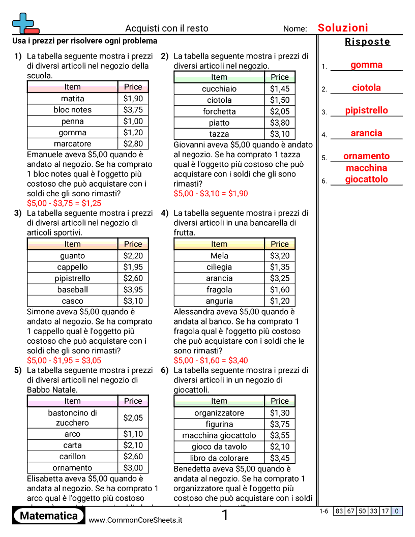 Esercizi con i Soldi - Acquistare con il resto worksheet