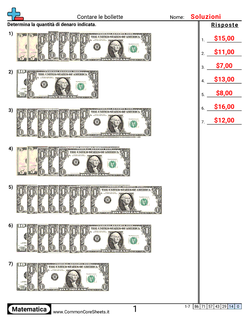 Esercizi con i Soldi - Contare le banconote worksheet