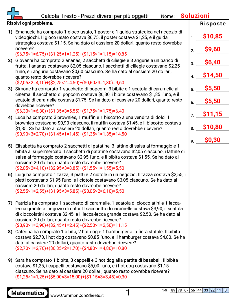 Esercizi con i Soldi - Più articoli, più prezzi worksheet
