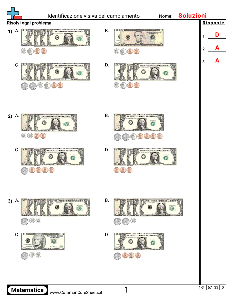 Esercizi con i Soldi - Identificare il resto visivamente worksheet