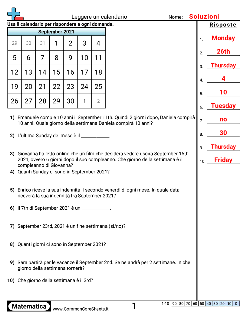 Esercizi sul Tempo - leggere-un-calendario worksheet